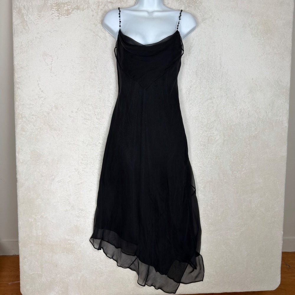 Vtg Laundry by Shelli Segal Y2K Black Silk Beaded Strap Asymmetrical Midi Dress